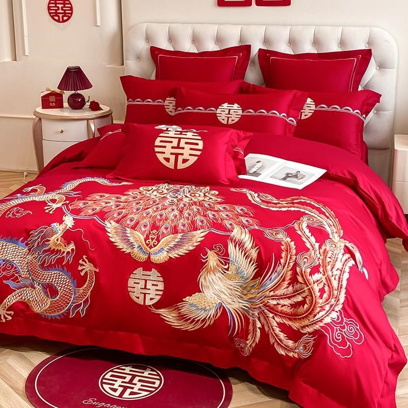 高端龙凤刺绣纯棉婚庆四件套大红色全棉床单被Q套结婚床上用品喜,床上用品,婚庆床品套件,淘宝优惠券,粉丝福利购,淘宝优惠卷