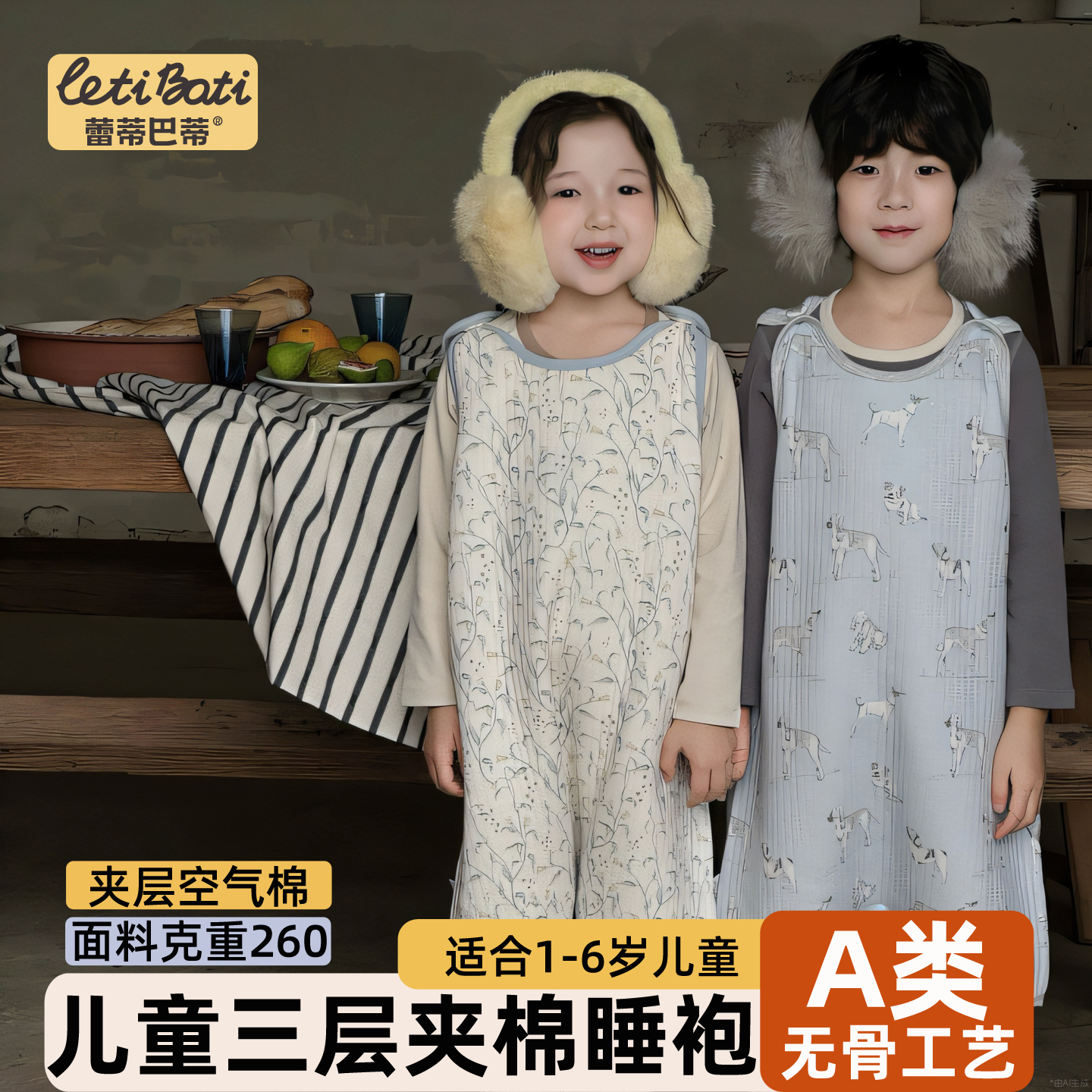 蕾蒂巴蒂儿童三层夹棉保暖睡袍