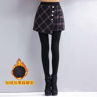 秋冬加绒加厚假两件打底裤女外穿踩脚袜裤保暖包臀裙裤一体连裤裙