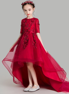 女童公主裙蓬蓬纱儿童鱼尾花童晚礼服红色婚纱裙超长拖尾小主持人