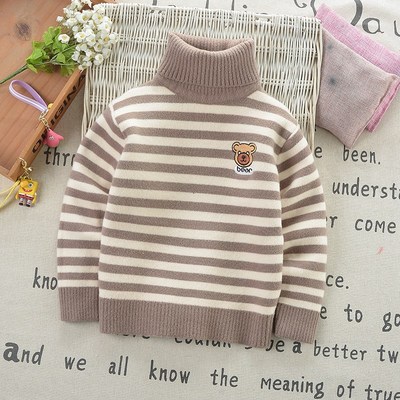 儿童高领毛衣加绒加厚宝宝条纹针织打底衫冬装一体绒男童羊毛衫潮