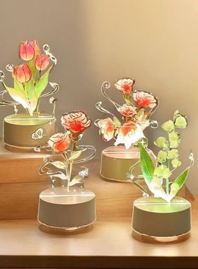 永不凋零的玫瑰花郁金香铃兰花UV彩印3D小夜灯充电触摸USB台灯