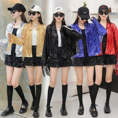 流苏外套女主播跳舞台表演出服春秋bling不灵不灵闪闪的亮片上衣