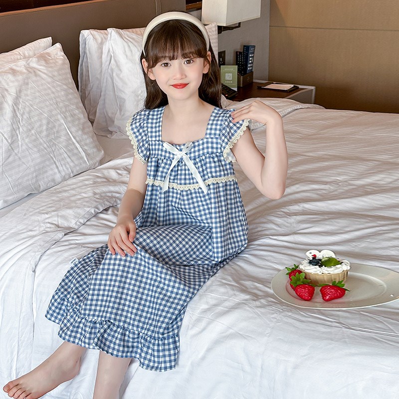女童睡裙夏季2025新款儿童格子花边睡衣中大童家居服夏装空调服潮