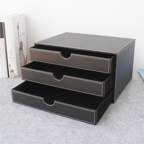 商务办公桌面文件柜A4文件收纳柜文件资料抽屉柜皮革高档柜子黑色