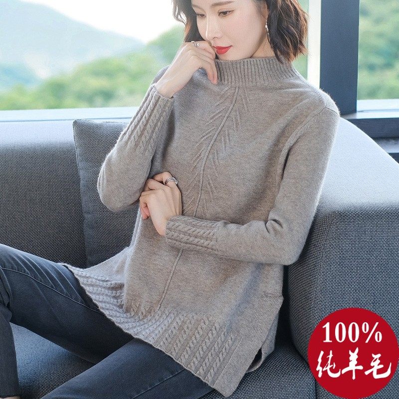 加厚羊绒毛衣女秋冬宽松外穿中款针织上衣100%纯羊毛半高领打底衫