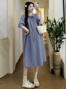 洋气孕妇装夏季宽松显瘦格子外穿时尚连衣裙韩版中长款短袖A字裙