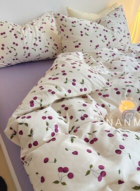 乌梅子酱复古微甜系纯棉四件套浪B漫田园风全棉紫色床单1.8m床笠