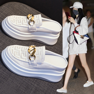 透气网面运动休闲女鞋 内增高包头半拖鞋 厚底小白鞋 夏季 女2023新款