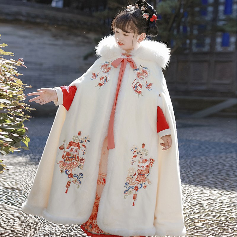 女童披风斗篷f冬季儿童汉服加绒加厚中国风拜年服外出披肩古装冬