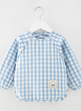 纯棉薄款格子宝宝罩衣儿童长袖反穿衣婴儿防脏护衣画Z画吃饭围裙