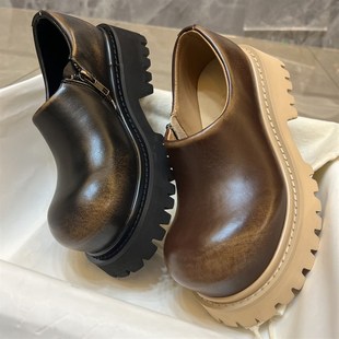 英伦风一脚蹬厚底增高圆头低帮德比单鞋 新款 女 2024年春季 大头皮鞋