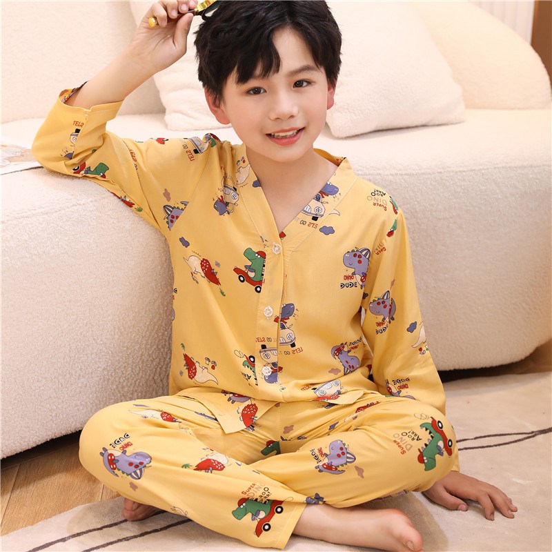 儿童棉绸睡衣男童夏季长袖套装女孩大童绵绸宝宝春秋家居服空调服