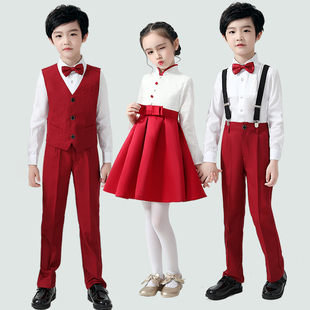 儿童演出服中小学生大合唱团女童红色礼服裙男童元旦朗诵表演服装