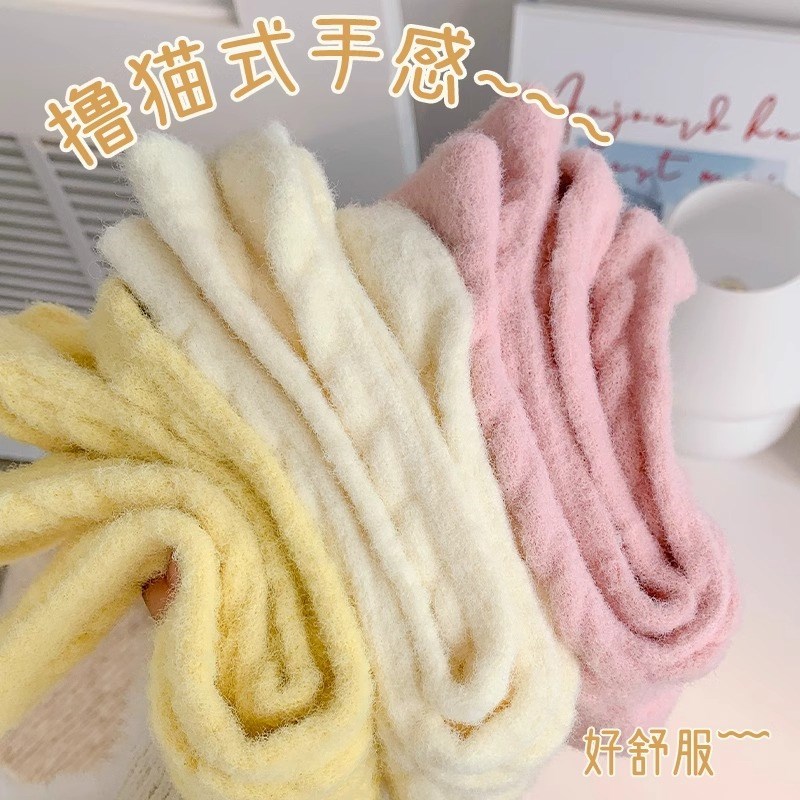 袜子女秋冬季加绒加厚中筒袜居家少女可爱睡眠地板袜麻花条纹长袜