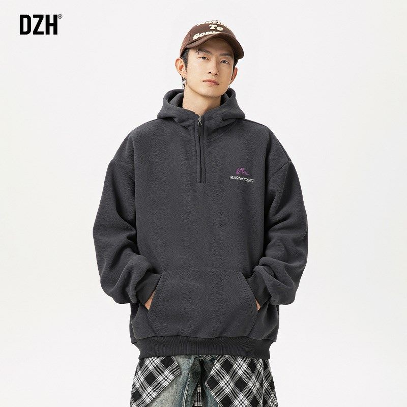 男士深灰色摇粒绒卫衣男连帽加厚保暖秋冬上衣套头半拉链外套男款