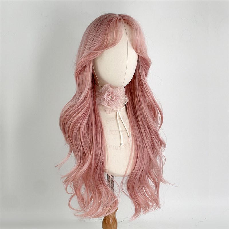 粉色假发全头套女cos万用长卷发中分几字刘海大波浪韩式lolita毛