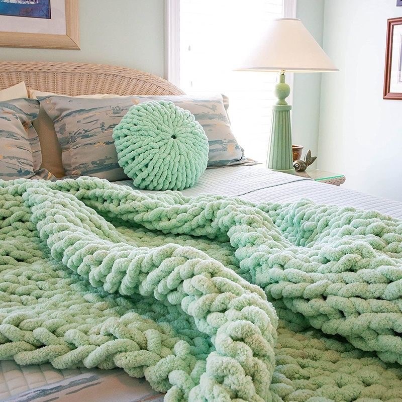 成品毛毯粗线毯雪尼尔大球球毛线手工编织毯子冰岛沙发盖毯棉花糖
