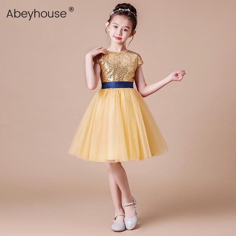女童钢琴短款演出服金色蓬蓬纱小女孩儿童公主裙模特走秀晚礼服裙
