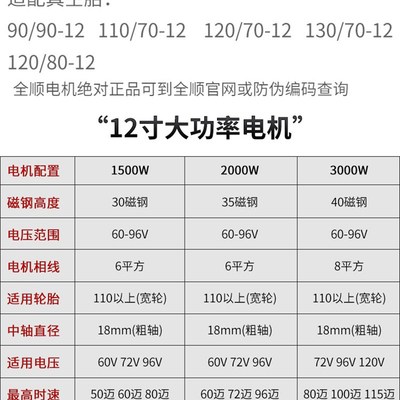 电摩改装配件12寸1500W2000W3000W省电72V96V120V电动车静音电机