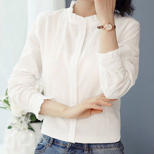 粉色衬衫女长袖2021春装修身木耳领打底衫轻熟气质纯棉绣花白衬衣