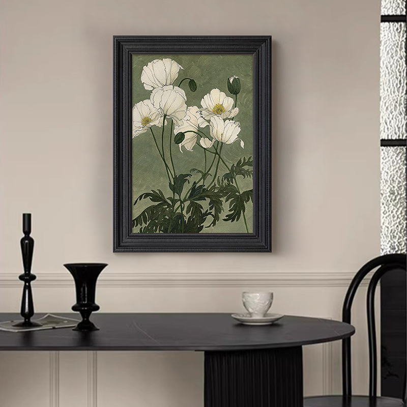 纯手绘油画侘寂风日式客厅饭厅装饰挂画中古白色花卉玄关桌面摆件图片