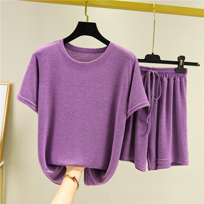纯棉圆领短袖T恤女夏季针织睡衣两件套宽松薄款大码短裤休闲套装