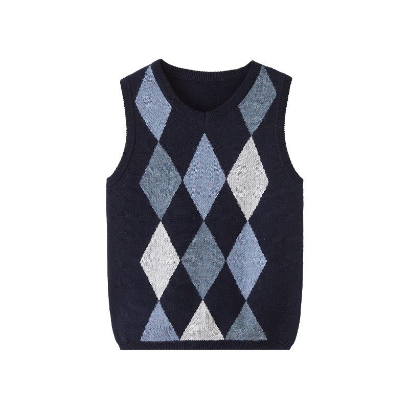 男童毛衣背心2021春秋装新款纯棉v领套头针织衫中大儿童格子马甲