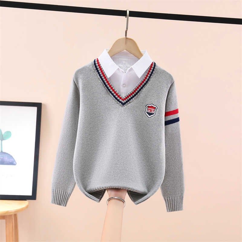 男童假两件毛衣新款加绒加厚儿童纯棉针织衫洋气男孩衬衫领打底衫