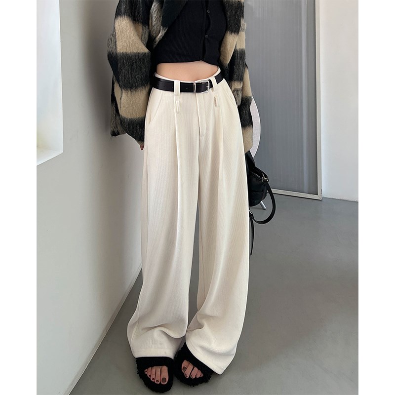 白色雪尼尔阔腿裤女秋冬新款加绒垂感窄版高腰灯芯绒拖地西装裤子