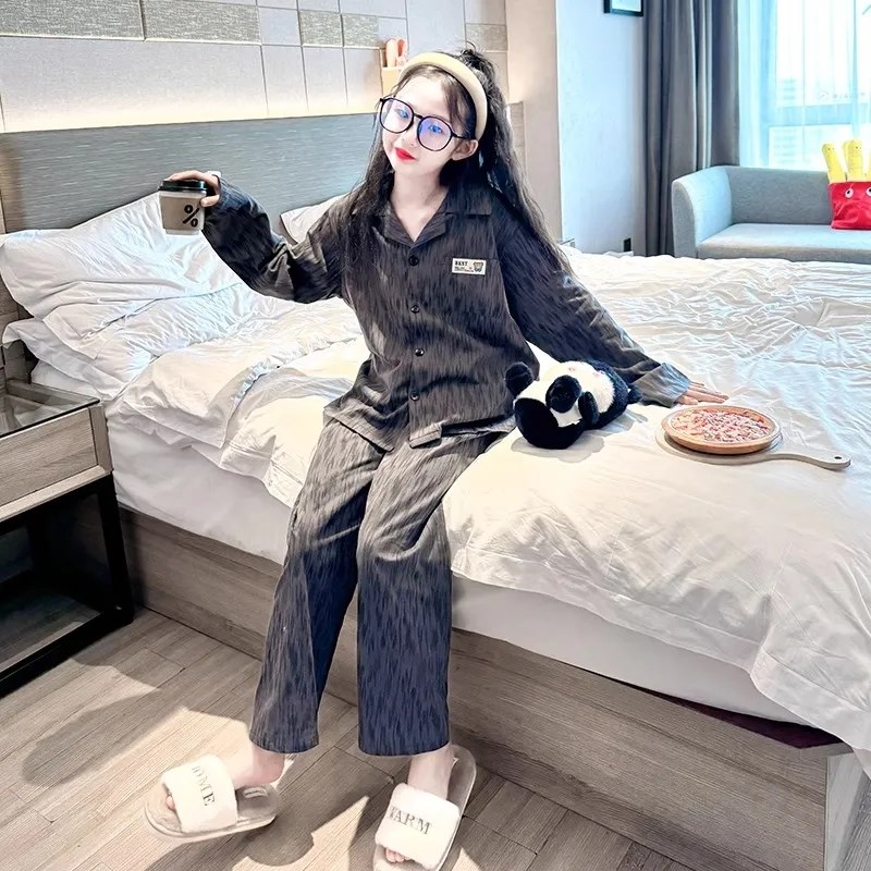 小女孩睡衣春秋款新款衬衫领长袖女童家居服套装宽松中大童空调服