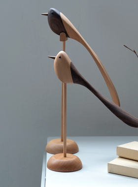 北欧实木小鸟摆件原木雕办公室软装装饰工艺品样板房电视书柜家居