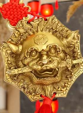 铜狮咬剑挂件 铜狮子挂件 虎头牌兽头 铜八角狮头摆件 铜睚眦摆件