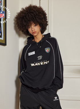NFL美橄超级碗乌鸦队2024新款 美式复古运动黑色秋冬套头连帽卫衣