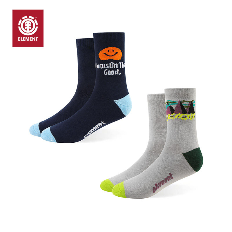 美国ELEMENT专业滑板袜子男女街潮风提花中筒袜内里毛圈运动袜2双