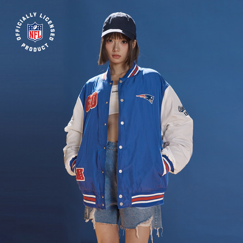 NFL美橄超级碗爱国者队夹克棉服 美式运动撞色拼接刺绣棒球服外套