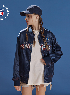 NFL美橄超级碗乌鸦队夹克棒球服 复古美式运动深蓝色刺绣夹克外套