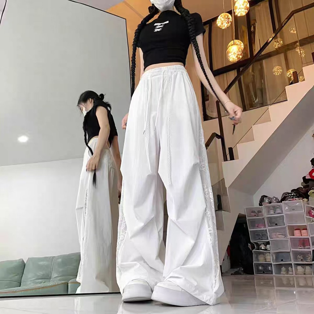 美式蕾丝拼接速干工装裤女款2025新款夏季松紧腰百搭宽松运动裤子