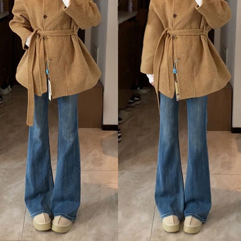 雪千羽弹力微喇牛仔裤女2025秋新款高腰显瘦直筒小个子拖地喇叭裤