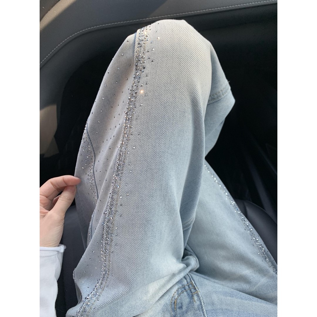 美式浅蓝色重工烫钻牛仔裤女夏季高腰直筒显瘦宽松阔腿梧桐拖地裤