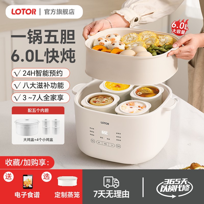 LOTOR徕多大白电炖锅一锅五胆煲汤锅家用煮粥隔水炖盅营养辅食