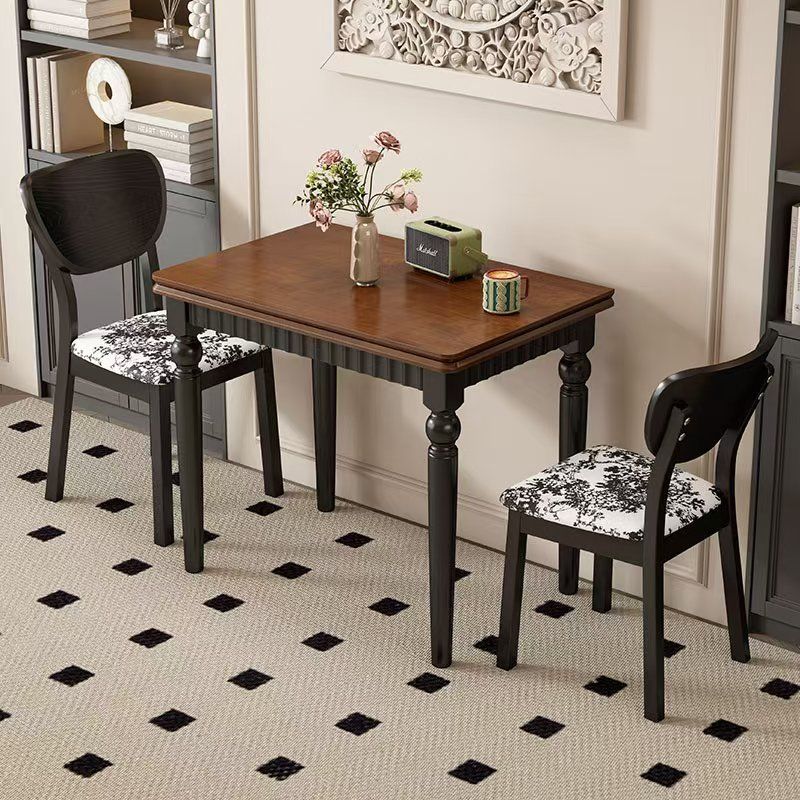 中古风实木折叠餐桌法式家用小户型吃饭桌美式长方形黑色实木桌子