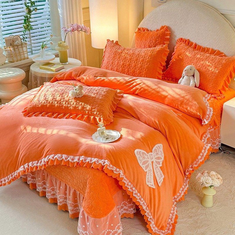 冬季加厚牛奶绒床盖款四件套韩版夹棉床裙双面绒被套单床盖可机洗