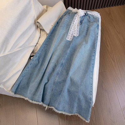 复古色毛边牛仔半身裙女春夏季新款高腰显瘦A字鱼尾裙长裙子