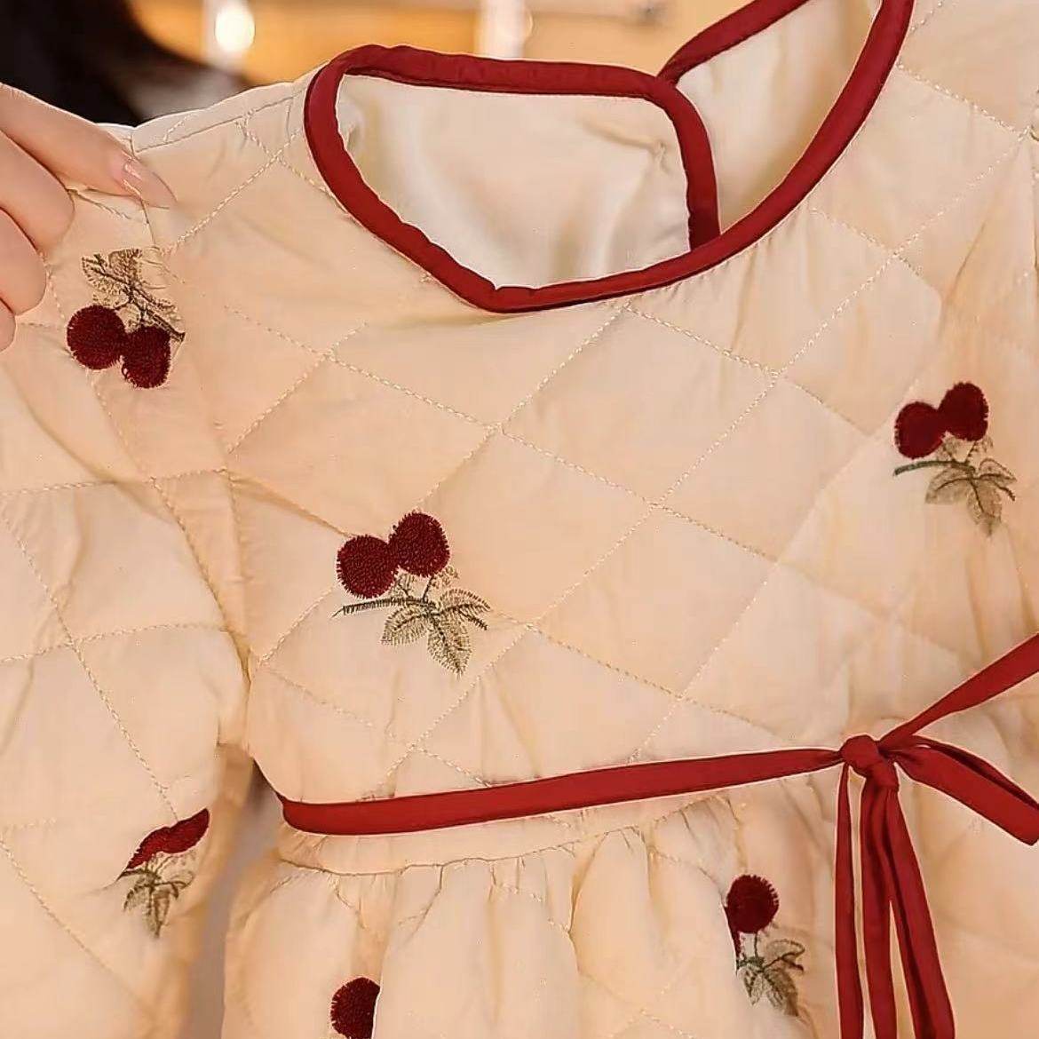 女童加绒加棉红色拜年服冬款韩版宝宝保暖裙子周岁礼服裙圣诞裙子