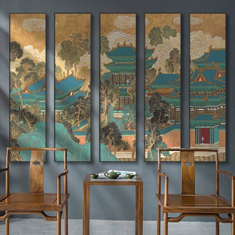 古典楼阁国画新中式酒店大堂墙面装饰客厅背景墙壁画餐厅茶室挂画图片