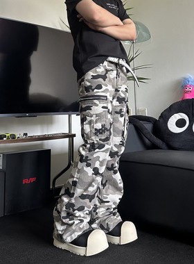 韩国进口Lightinus微喇显瘦cargo休闲迷彩裤男美式vibe灰白迷彩口