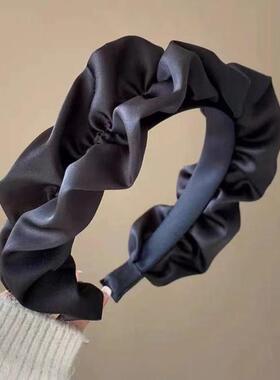 秋冬高颅顶发箍时尚法式百搭黑色褶皱经典发卡小众洗脸发带网红女