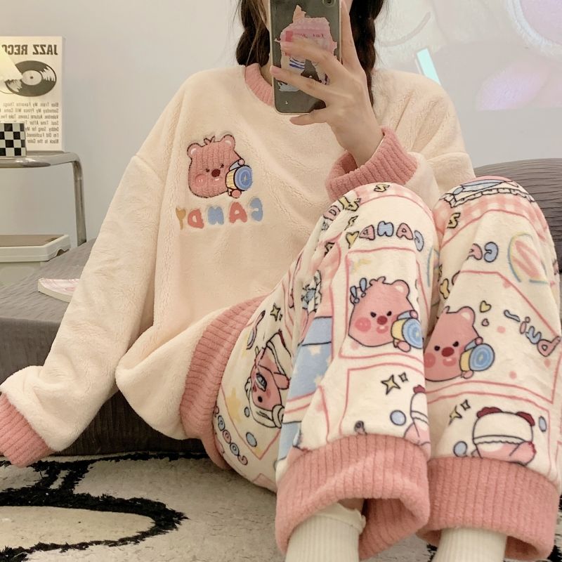 珊瑚绒睡衣女冬季韩版长袖加厚保睡衣/家居服套装