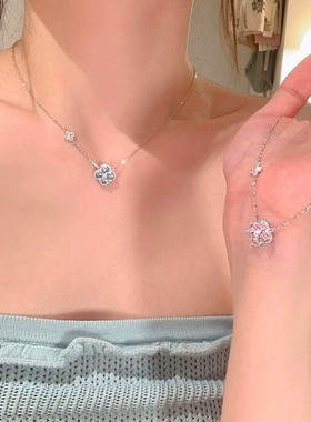 铜合金锆石项链 韩系轻奢闪锆四叶花项链女气质颈链锁骨链夏日